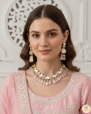 MEEREN Kundan Choker Necklace Set (Baby Pink)