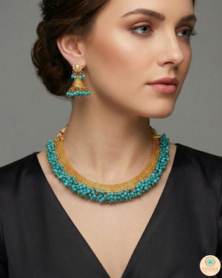 RANG-DE Pearl Necklace Set (Necklace, Earrings) - Turquoise
