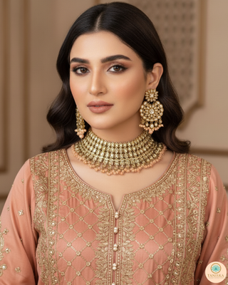 Pearly Antique Gold Necklace Set (Necklace, Earrings, Tikka) - Golden / Peach