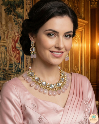 MEEREN Kundan Choker Necklace Set (Baby Pink. Mint Combo)