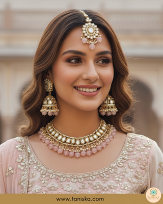 Baby Pink Traditional Necklace Set - Antique Gold