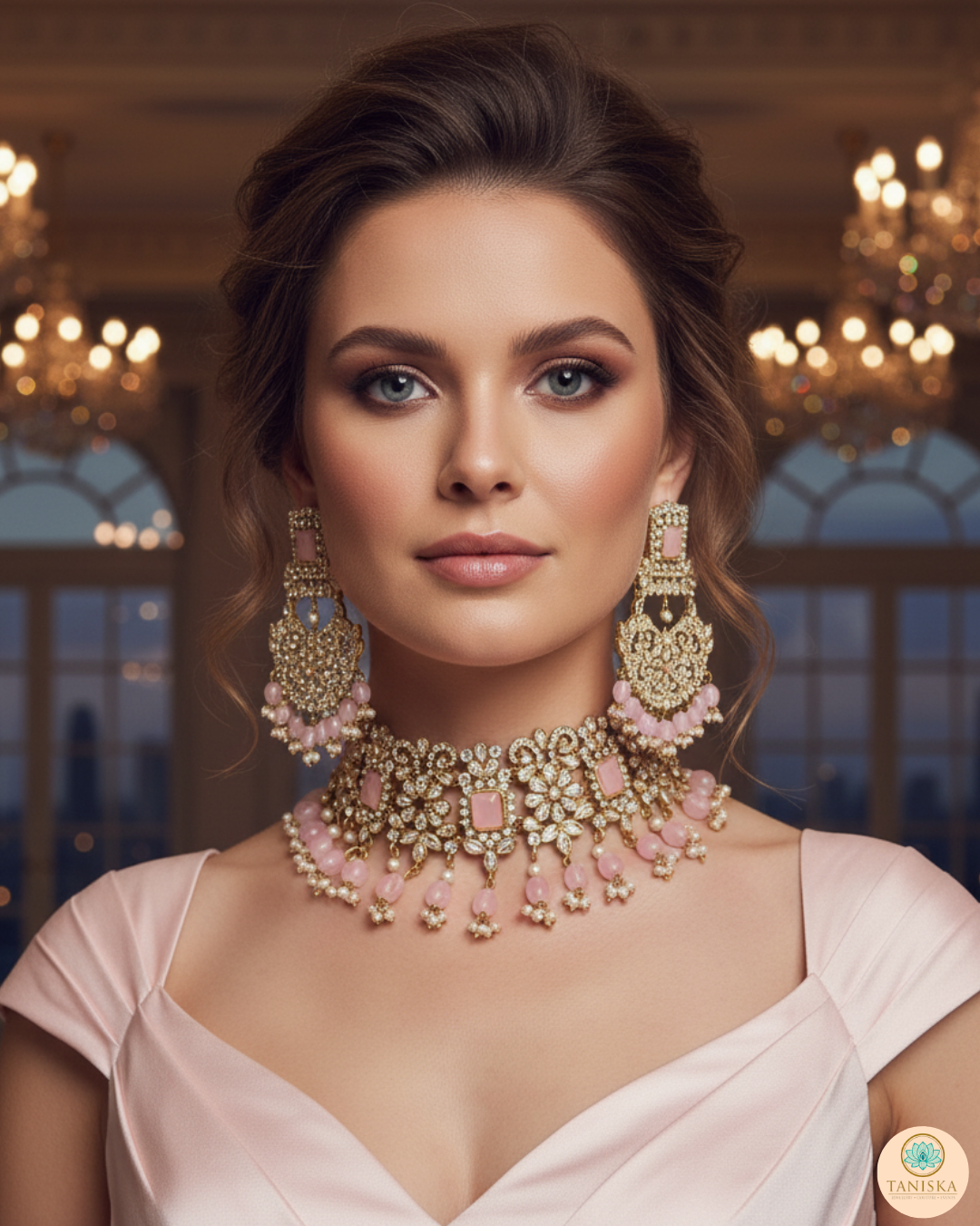 Pearly Antique Gold Necklace Set (Necklace, Earrings, Tikka) - Golden / Baby Pink