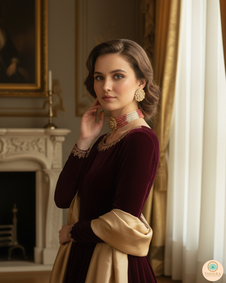 Victorian Traditional Kundan Necklace Set - Coral Pink Tone