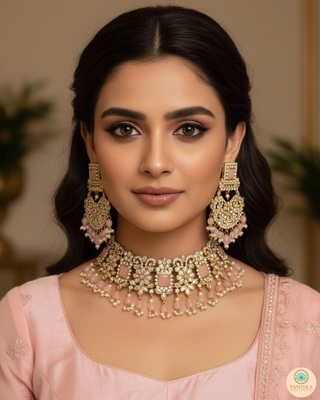 Pearly Antique Gold Necklace Set (Necklace, Earrings, Tikka) - Golden / Baby Pink