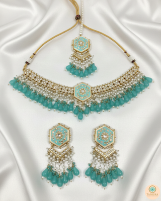 MRINAL Traditional Meenakari Kundan Necklace Set - Mint