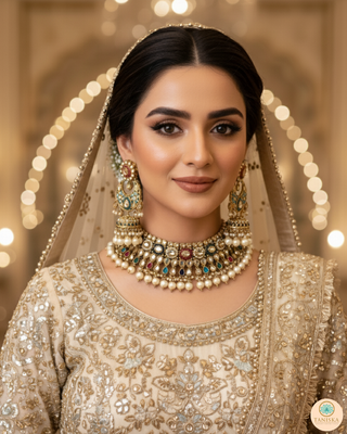 Pearly Antique Gold Necklace Set (Necklace, Earrings) - Golden / Multi