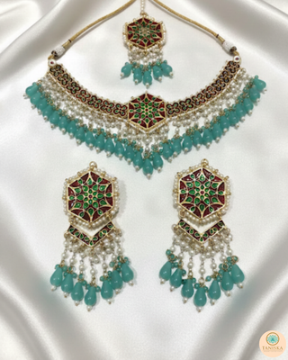MRINAL Traditional Meenakari Kundan Necklace Set - Mint