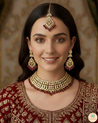 Pearly Antique Gold Necklace Set (Necklace, Earrings, Tikka) - Golden / Maroon