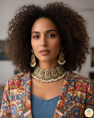 Pearly Antique Gold Necklace Set (Necklace, Earrings, Tikka) - Golden / Multi