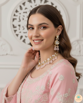 MEEREN Kundan Choker Necklace Set (Baby Pink)