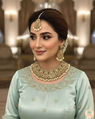 Pearly Antique Gold Necklace Set (Necklace, Earrings, Tikka) - Gold