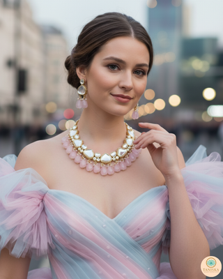 MEEREN Kundan Choker Necklace Set (Baby Pink)