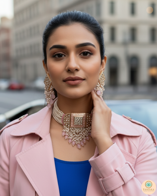 ISHANA Baby Pink Uncut-Kundan Necklace/Choker Set