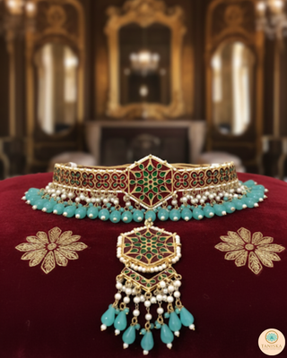 MRINAL Traditional Meenakari Kundan Necklace Set - Mint
