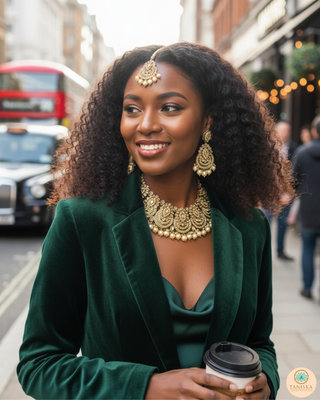 Pearly Antique Gold Necklace Set (Necklace, Earrings, Tikka) - Gold