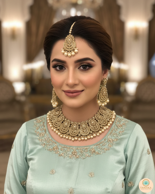 Pearly Antique Gold Necklace Set (Necklace, Earrings, Tikka) - Gold