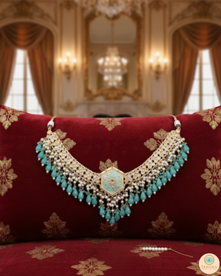MRINAL Traditional Meenakari Kundan Necklace Set - Mint