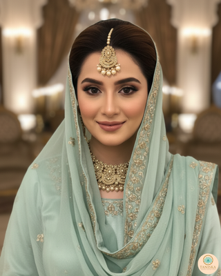 Pearly Antique Gold Necklace Set (Necklace, Earrings, Tikka) - Gold