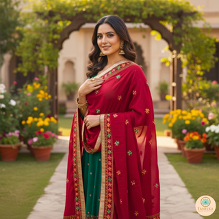 The Royal Crimson Star Phulkari Dupatta