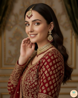 Pearly Antique Gold Necklace Set (Necklace, Earrings, Tikka) - Golden / Maroon
