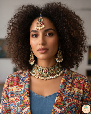 Pearly Antique Gold Necklace Set (Necklace, Earrings, Tikka) - Golden / Multi