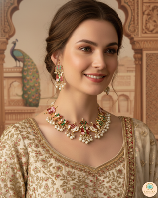 The Pink & Green Dholi Meenakari Pearl Choker Set