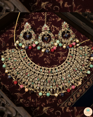 Pearly Antique Gold Necklace Set (Necklace, Earrings, Tikka) - Golden / Multi