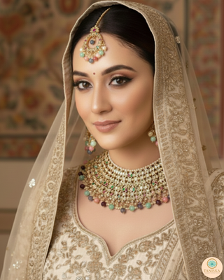 Pearly Antique Gold Necklace Set (Necklace, Earrings, Tikka) - Golden / Multi