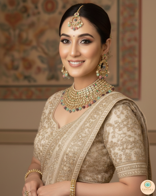 Pearly Antique Gold Necklace Set (Necklace, Earrings, Tikka) - Golden / Multi