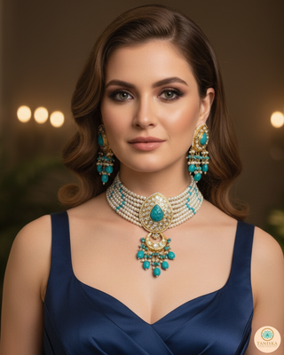 MRINAL Traditional Kundan Necklace Set - Turquoise/White