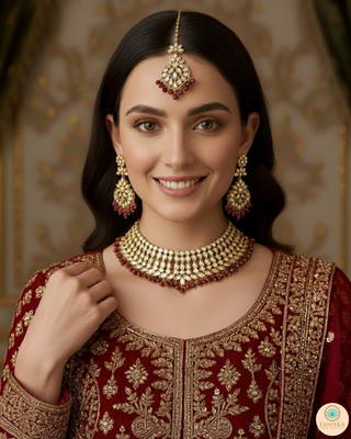 Pearly Antique Gold Necklace Set (Necklace, Earrings, Tikka) - Golden / Maroon
