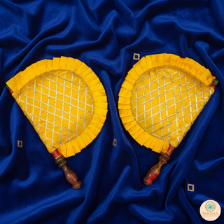 Yellow Cross Stripes Punjabi Pakhi (Hand Fans) - Pack of 2