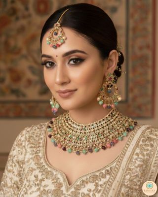 Pearly Antique Gold Necklace Set (Necklace, Earrings, Tikka) - Golden / Multi