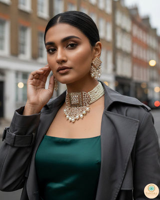 ISHANA Golden Uncut-Kundan Necklace/Choker Set
