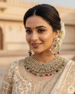 Pearly Antique Gold Necklace Set (Necklace, Earrings, Tikka) - Golden / Multi