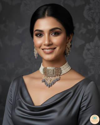 ISHANA Grey Uncut-Kundan Necklace/Choker Set