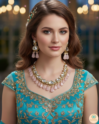 MEEREN Kundan Choker Necklace Set (Baby Pink)