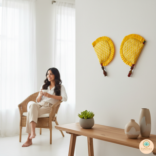 Yellow Cross Stripes Punjabi Pakhi (Hand Fans) - Pack of 2