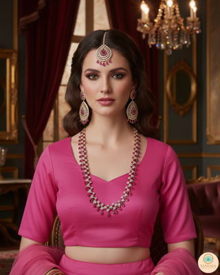 American Diamond Style, Cubic Zirconia Long Necklace Set - Rose Gold / Hot Pink