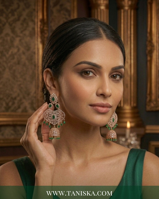 Emerald Elegance Rose Gold Jhumka & Tikka Set