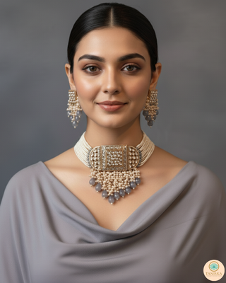 ISHANA Grey Uncut-Kundan Necklace/Choker Set