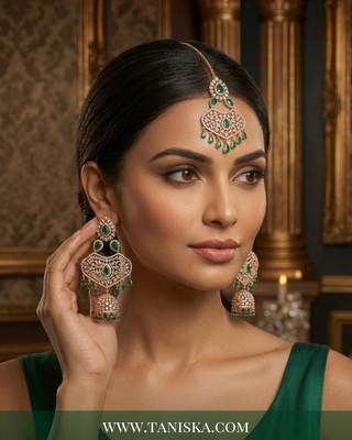 Emerald Elegance Rose Gold Jhumka & Tikka Set
