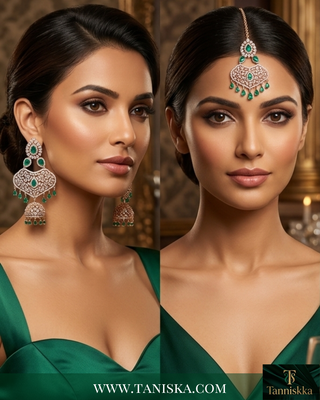 Emerald Elegance Rose Gold Jhumka & Tikka Set
