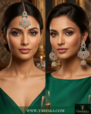 Emerald Elegance Rose Gold Jhumka & Tikka Set