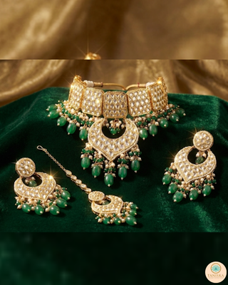 MEHAR Designer Bottle Green/Peach Kundan Necklace Set