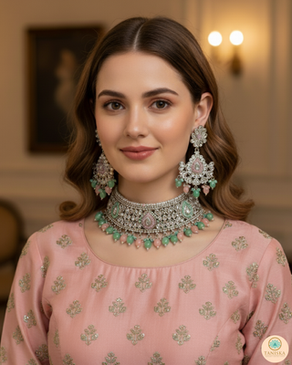 LIYANA Silver (Mint/Baby Pink) Necklace Set