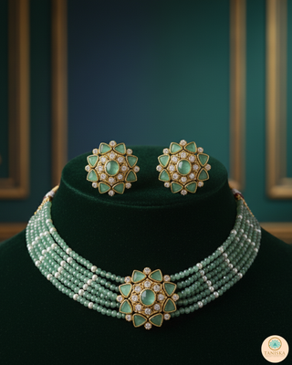 Victorian Traditional Kundan Necklace Set - Mint