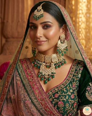 MEHAR Designer Bottle Green/Peach Kundan Necklace Set