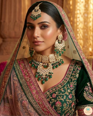 MEHAR Designer Bottle Green/Peach Kundan Necklace Set