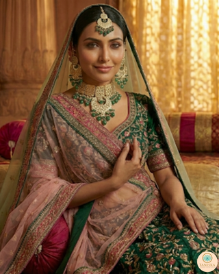 MEHAR Designer Bottle Green/Peach Kundan Necklace Set